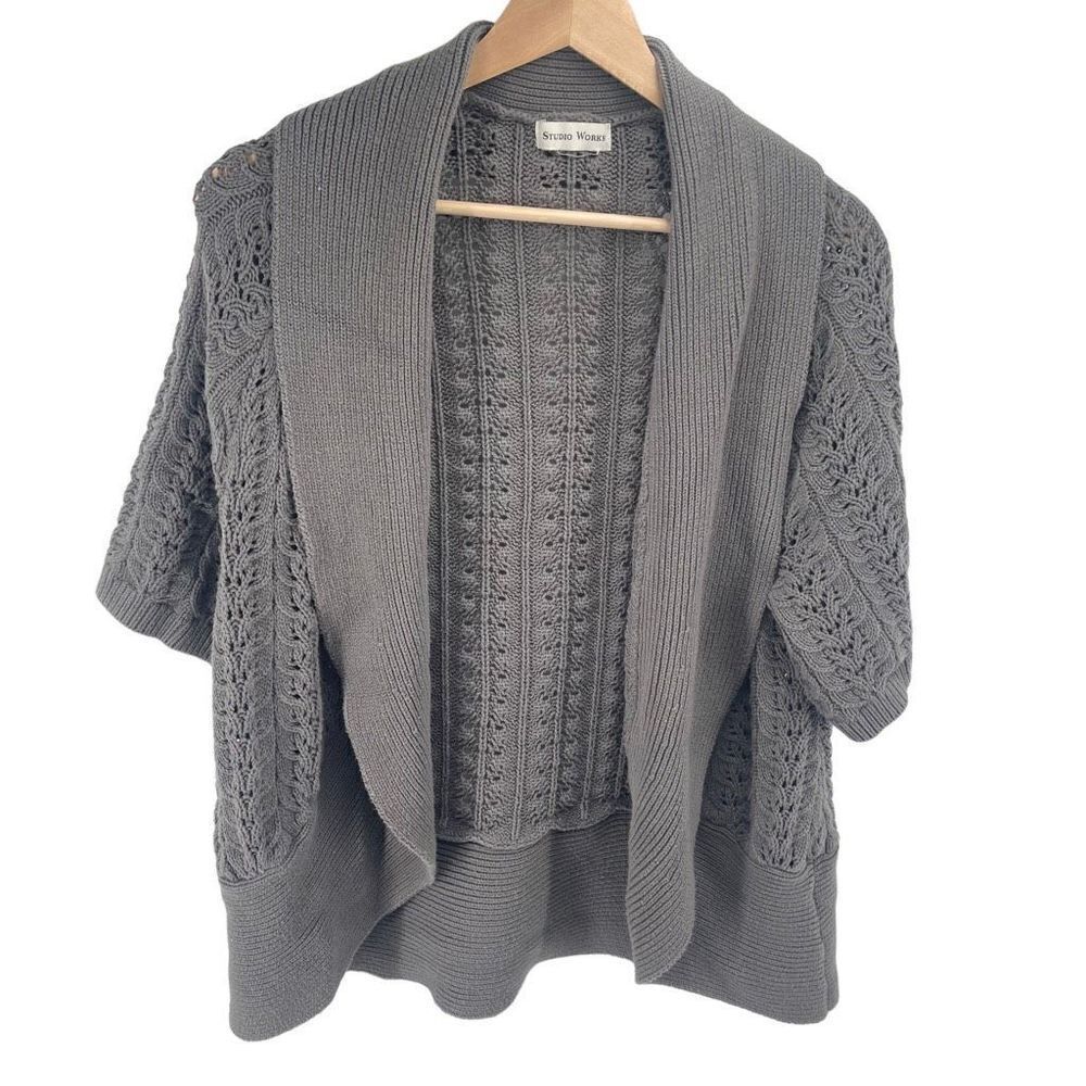 Studio Works Womens Cardigan Sweater Open Front Acrylic Cotton Knit Size XL Gray